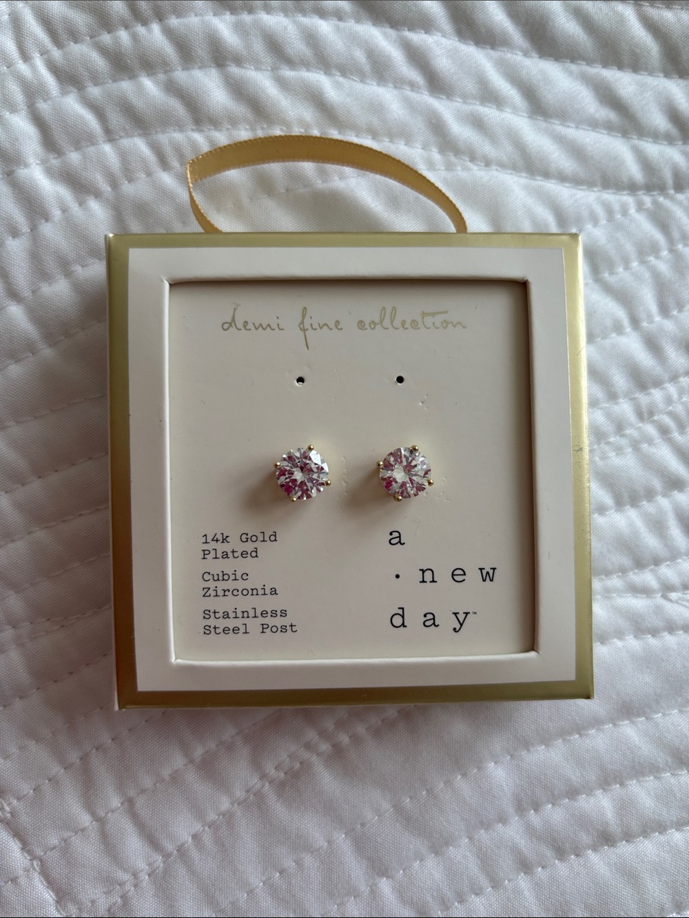NWT Cubic Zirconia Stud Earrings 14k Gold Plated Stainless Steel Nickel Free